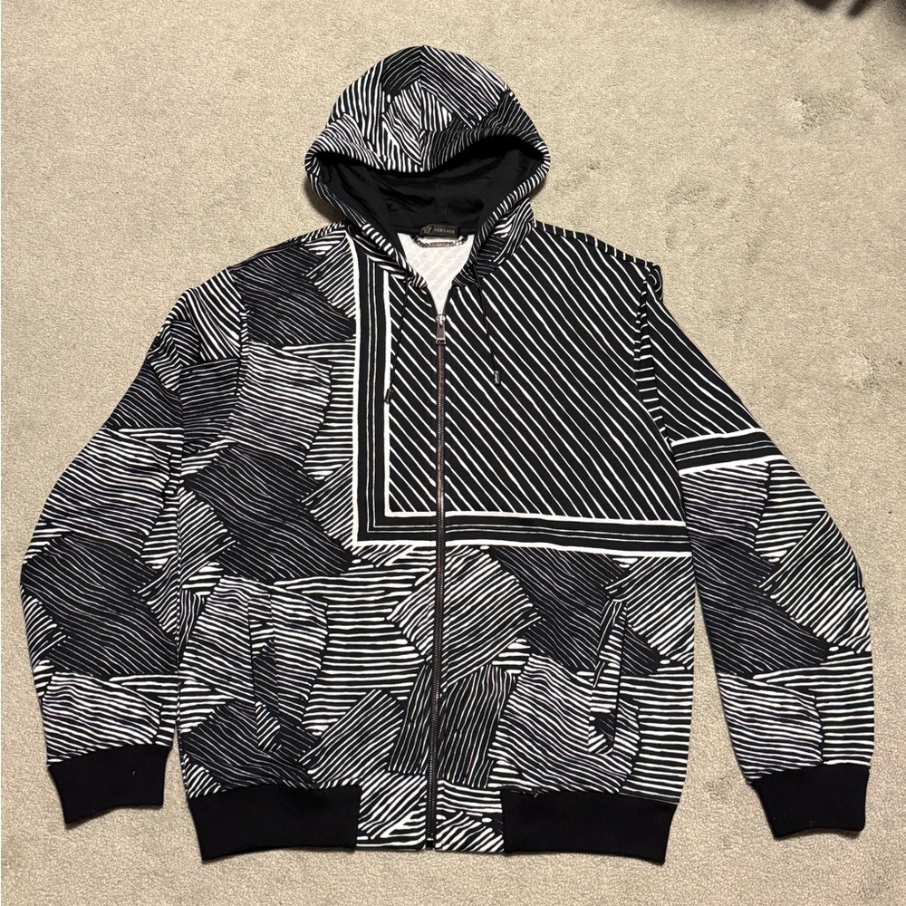 Versace Men's Black & White Striped Zip-Up Hoodie Sweater